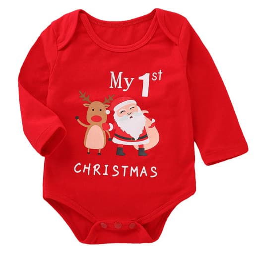My 1st Christmas Santa Claus Reindeer Print Cotton Red Long Sleeve Baby Romper