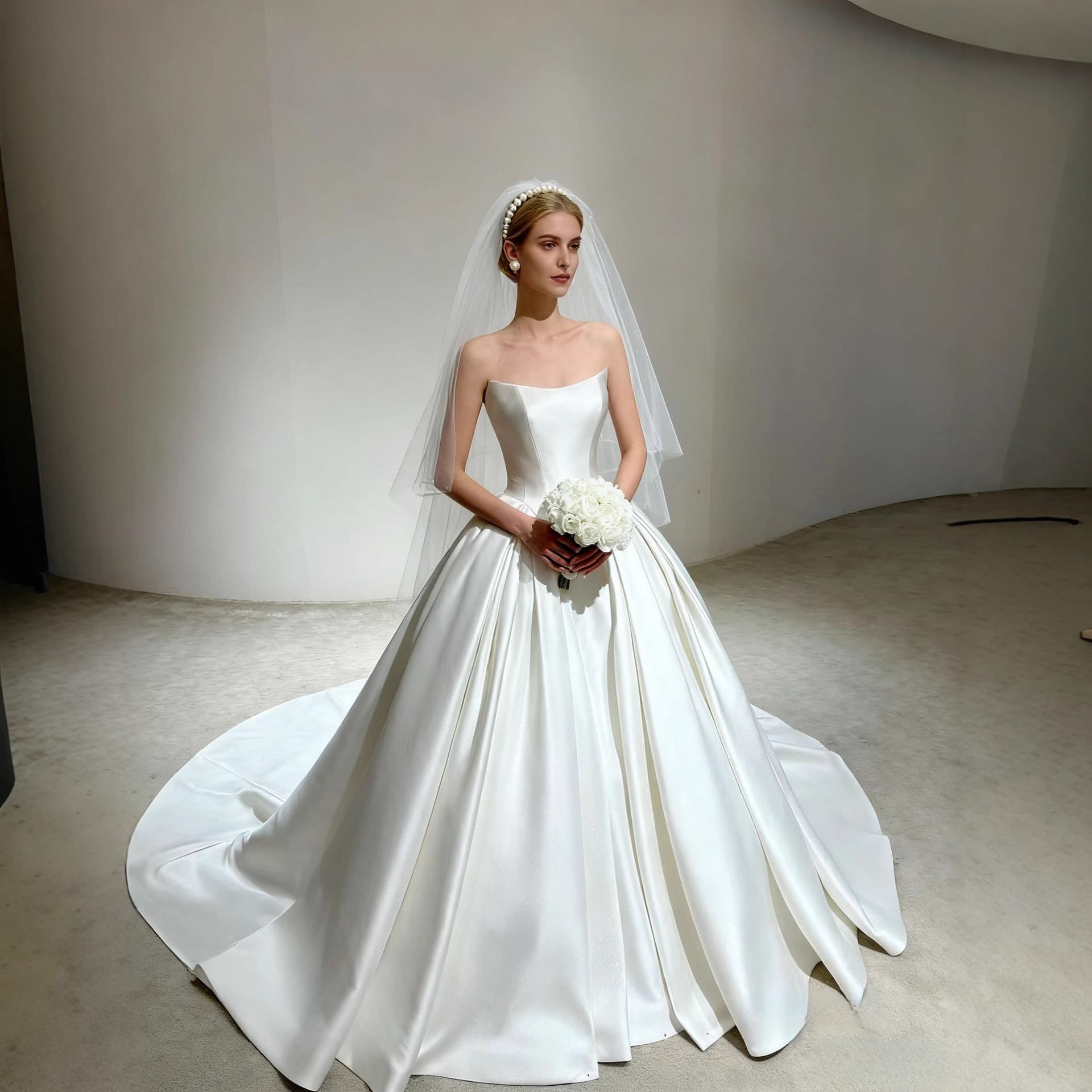 Wedding Dress French Light Luxury Satin Bride Main Dress Strapless Train Court Style Simple Elegant Slimming