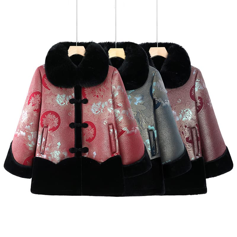 Grandma Winter Outfit Mid-Age and Elderly Fleece Lined Thickened Coat Women Mom Large Floral Clothes Elderly Fur and Leather Integrated Coat