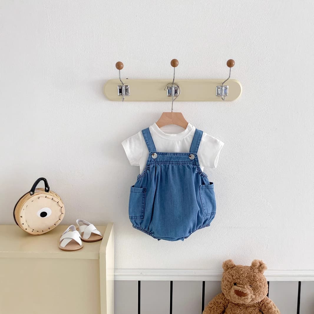 New Baby Boys and Girls Set Korean Striped Short Sleeve Top with Suspenders Two-Piece Infant Casual Romper