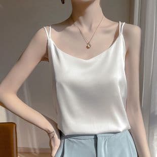Silk V-Neck Camisole Tank Top for Women, White Inner Wear, Mulberry Silk Backless Loose Fit Concealing Tummy Basic Top