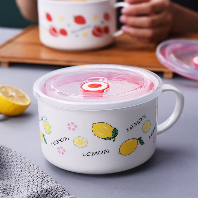 Creative Cartoon Ceramic Lunch Box Student Noodle Cup Bento Bowl Soup Bowl with Lid and Handle Promotional Advertising Gift