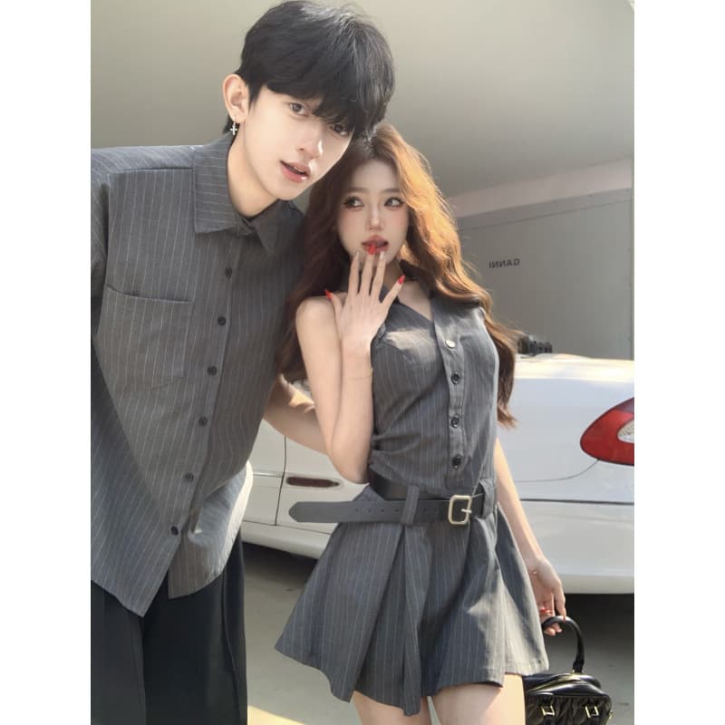 2026 Summer Couple Outfit Women's French Stripe Halter Neck Sleeveless Waist Dress with Matching Men's Short Sleeve Shirt
