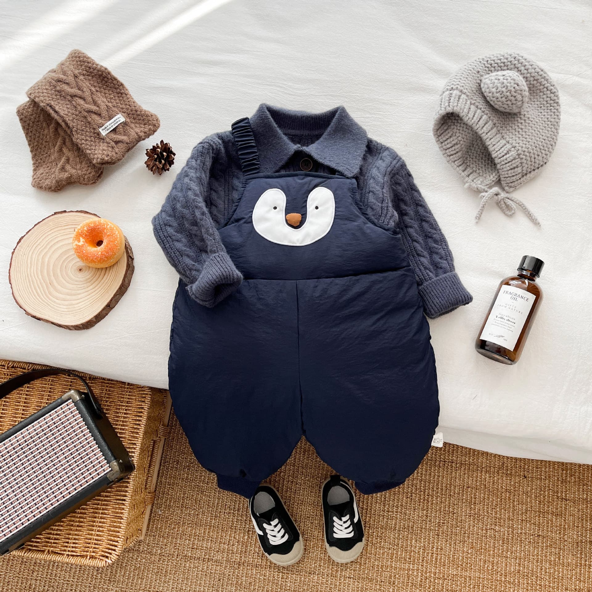 Baby winter down cotton overalls, fashionable boys and girls autumn and winter thickened jumpsuits, baby cartoon warm pants