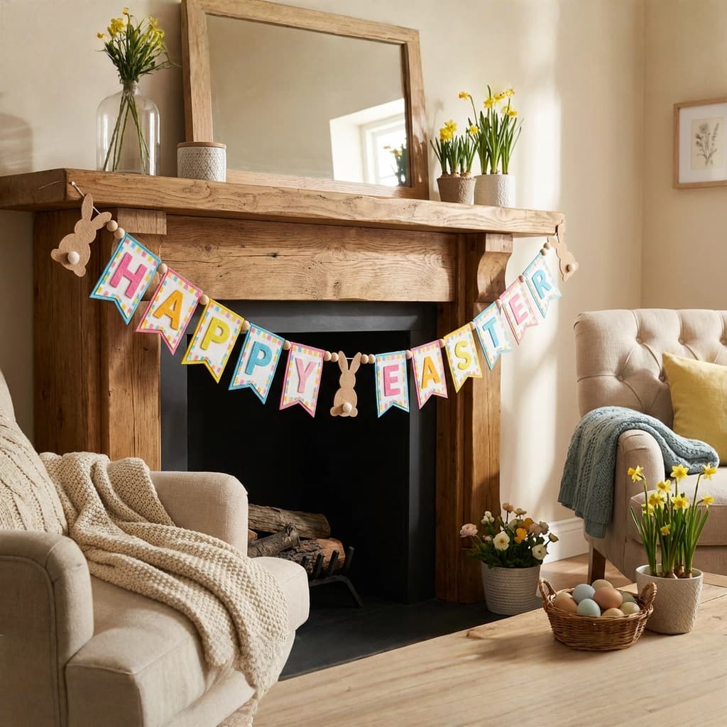 Cross-border Supply Felt Easter Banner Printed Happy Easter Rabbit Decoration Fireplace Garland