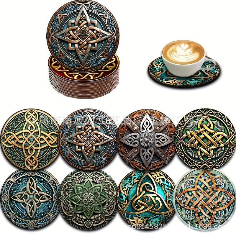 Celtic Knot Vintage Fantasy Wooden Coaster Set for Tea Cups Coffee Drinks Home Dining Decoration