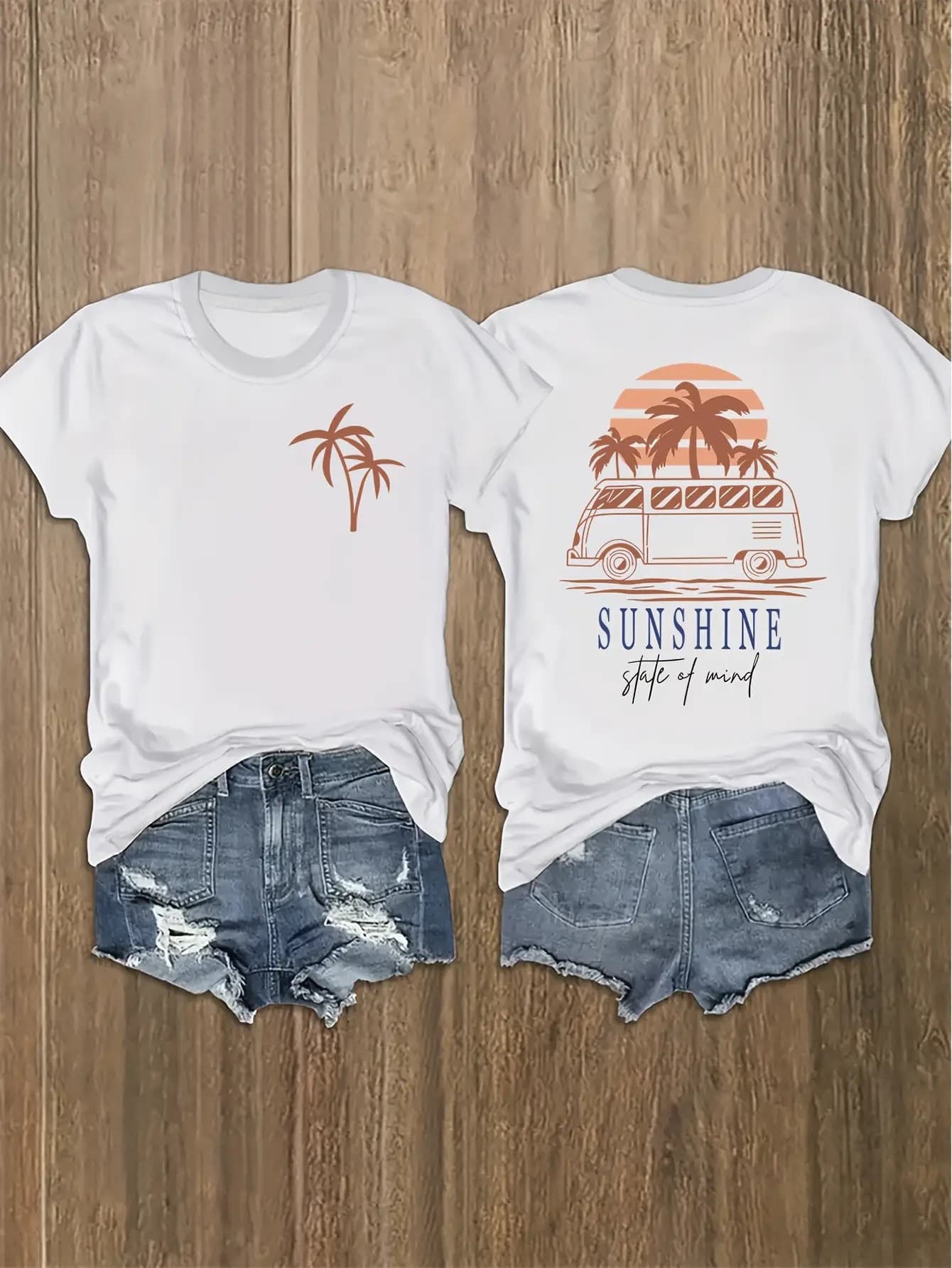 [Front and Back Graphics] Retro Car and Palm Tree Graphic T-Shirt for Men and Women - Glossy White Polyester Beach Top