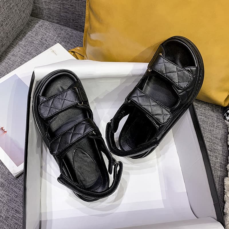 2024 Summer New Chanel Style Velcro Sandals Thick Bottom Women's Platform Beach Flat All-Match Roman Shoes Women