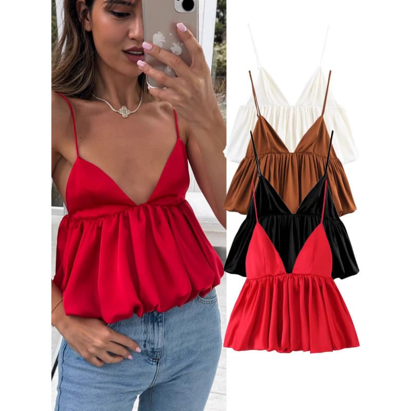 European and American style sexy backless suspender short-sleeved cross-border women's clothing wholesale red silk satin texture short puffy top
