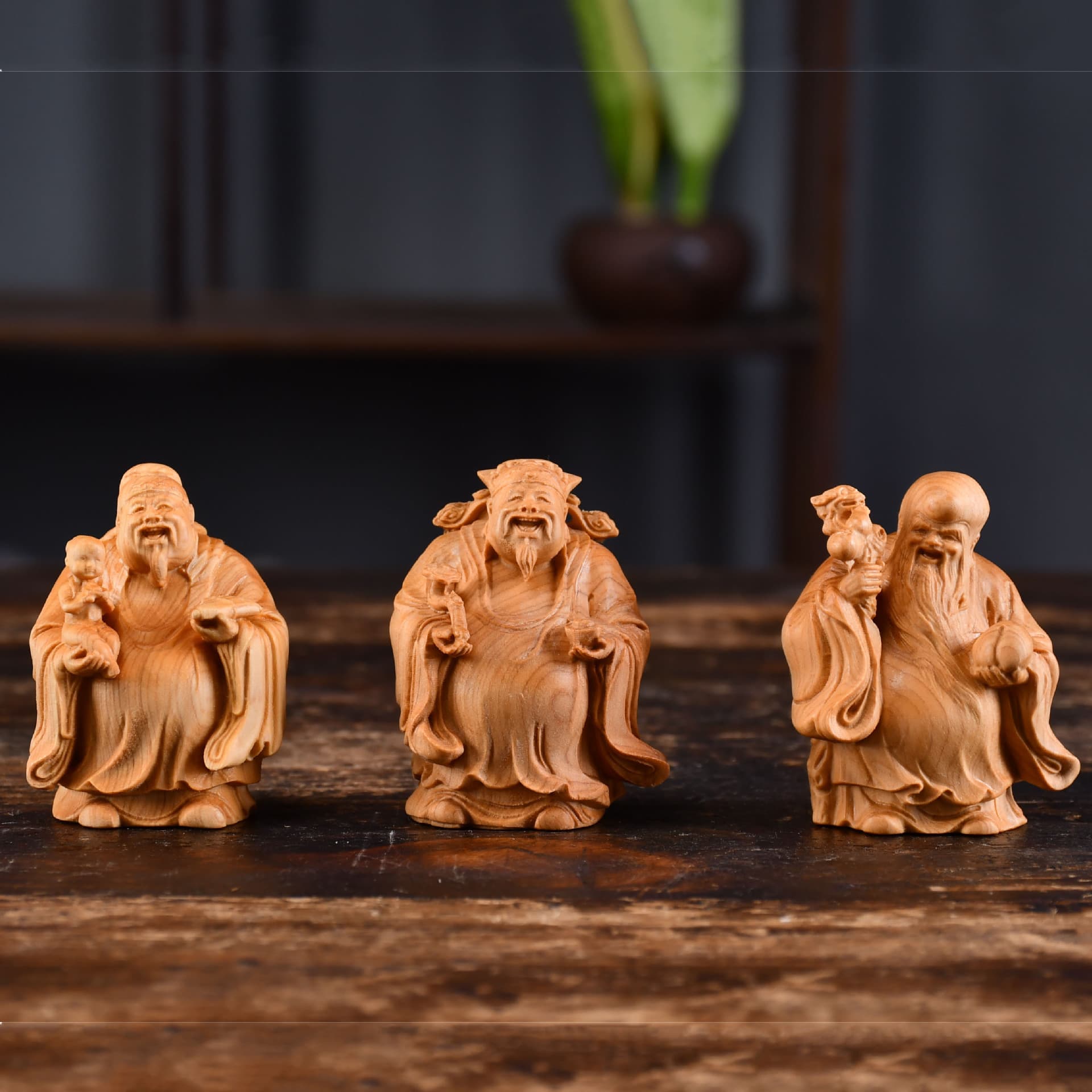 Souvenir Crafts and Collectibles: Three Star Carved Platycladus orientalis Solid Wood Figurine, Desk Decoration for Home and Office, Fu Lu Shou