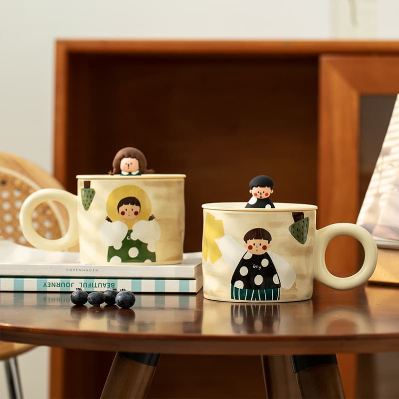 Vintage Boys and Girls Couple Water Cup Ceramic Cup with Lid Mug for Couple Breakfast Cup Coffee Cup