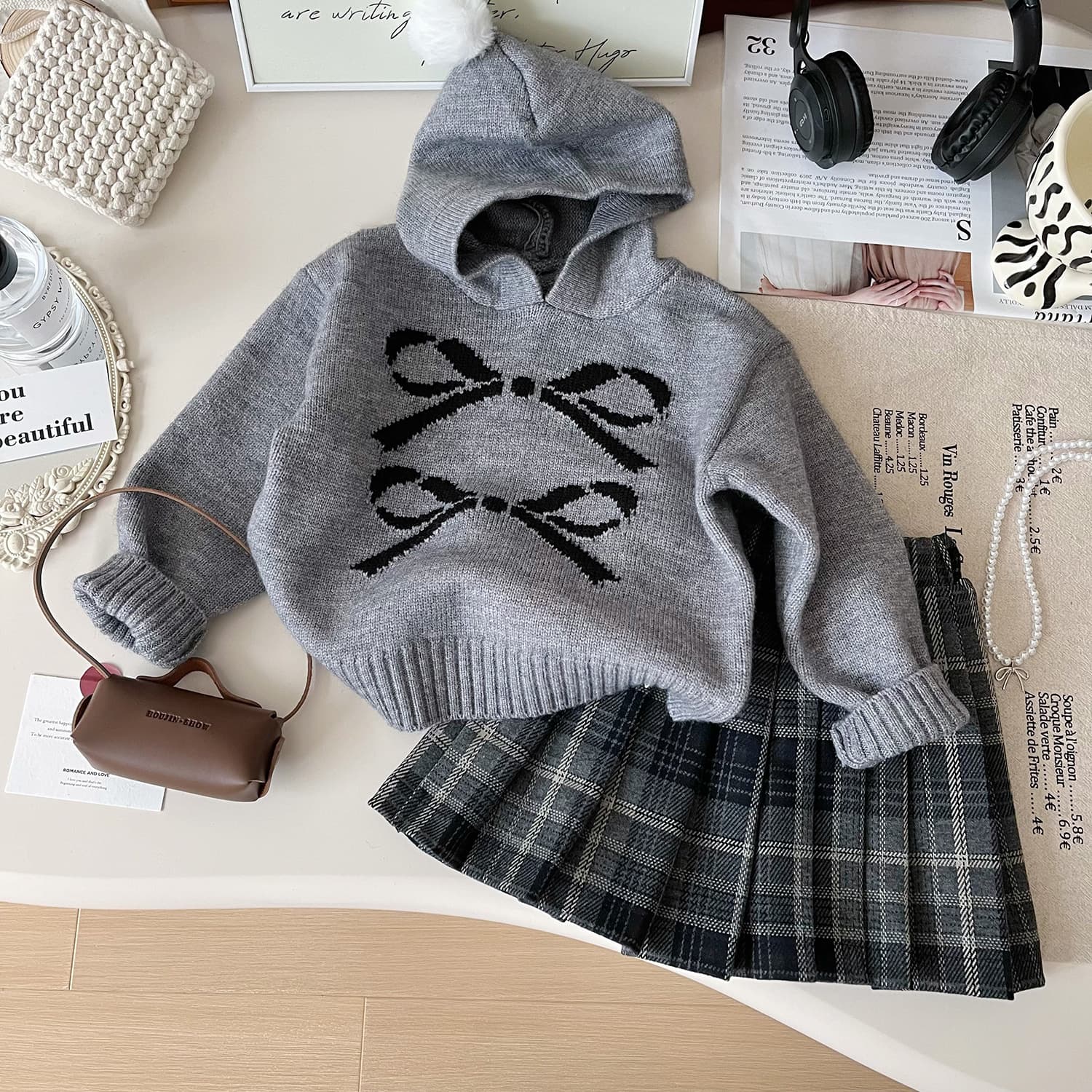 Baby Girl Gray Pom-Pom Hooded Bow Sweater Set Fall New Plaid Pleated Skirt Two-Piece Set Trendy