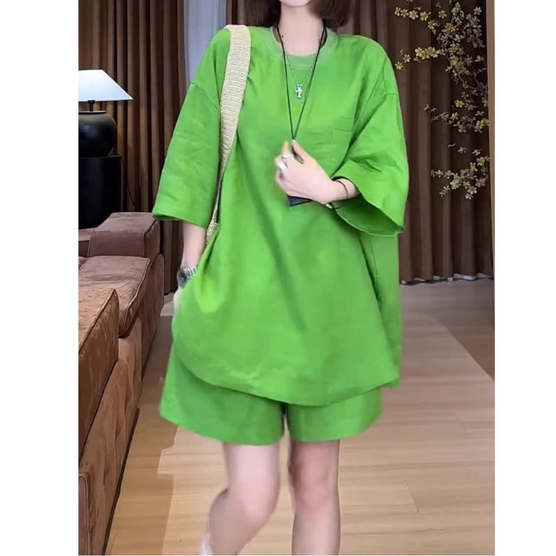 European Style Plus Size Short Sleeve T-Shirt Linen Set for Women, New Summer Loose Half Sleeve Top with Wide Leg Shorts Two-Piece Set