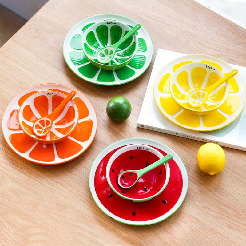 Japanese-style watermelon fruit ceramic bowl and plate set, creative individual rice bowl, plate, and spoon