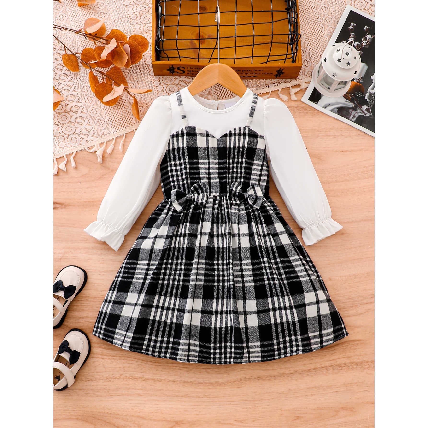 Children's Clothing Spring and Autumn Casual Girls' Long-Sleeve Plaid Dress with Contrasting Colors