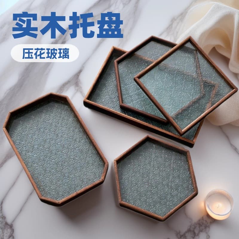 Vintage Wooden Glass Tray, INS Style Walnut Color Custom Snack Plate, Chinese Tea Tray