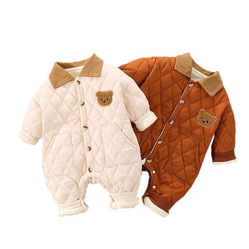 Newborn Baby Fleece Lined Bodysuit Autumn Winter Boys Girls Padded Warm Quilted Cotton Turn-down Collar Fleece Bear Romper