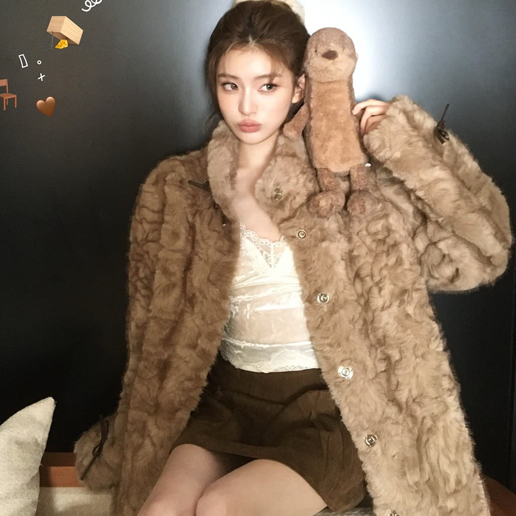 Little Bear Thoughts Stand-up Collar Dyed Tip Eco-friendly Fur Integrated Jacket Women Winter Lazy Casual Thick Fuzzy Coat