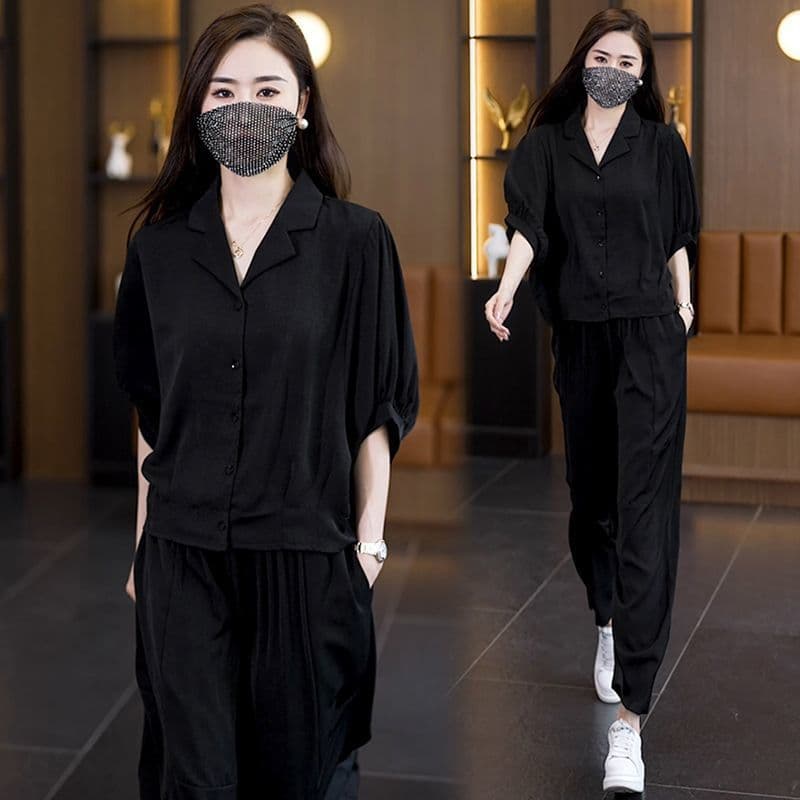 Women's Casual Tencel Set for Summer - Stylish Short Sleeve Loose Harem Pants Outfit for Mothers