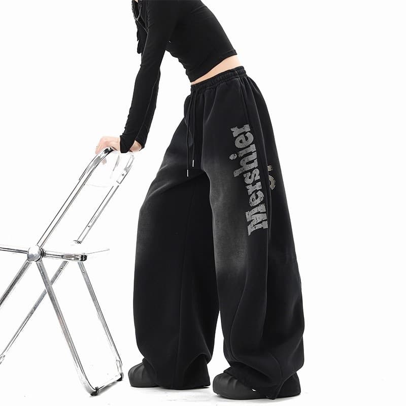 Hip-Hop Washed Letter Sweatpants for Men and Women, Autumn/Winter Casual Baggy Wide-Leg Pants, Hiphop Curved-Leg Pants, Cross-Border Export