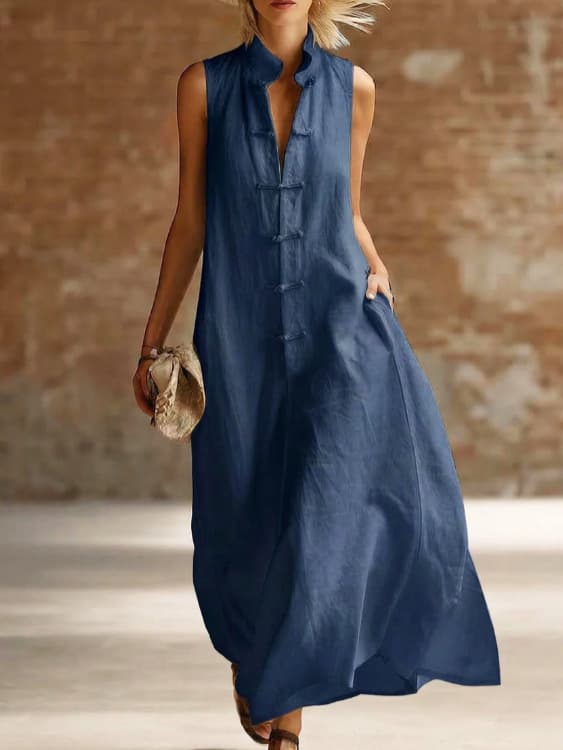 2026 New European and American Cross-border Amazon Independent Station Fashion Stand Collar Frog Button Loose Linen Cotton Dress for Women