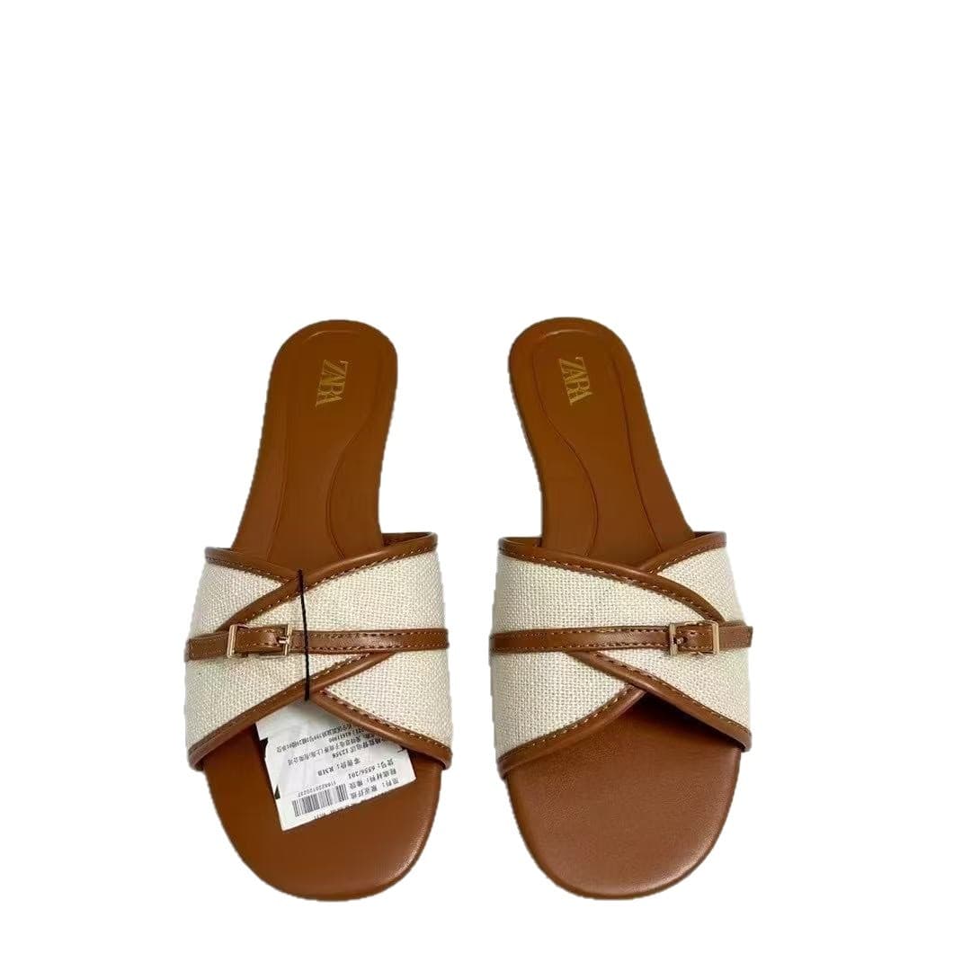 ZA2025 New Women's Brown Buckle Flat Sandals for Beach and Outdoor Wear, European and American Style