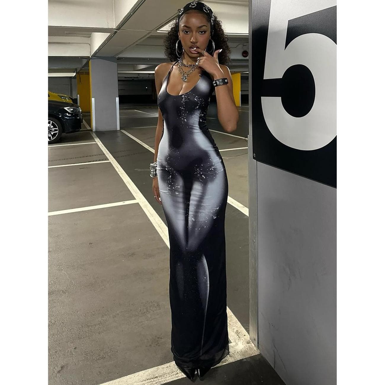Spring New Cross-Border European and American Fashion Print Halter Bodycon Sexy Backless Tie Long Dress for Women
