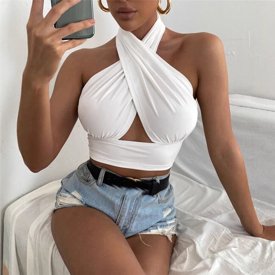 Sexy Solid Color Cross Neck Top for Women