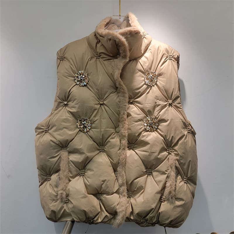 Korean Chic Light Khaki Fur Collar Trimmed Quilted Cotton Vest, Heavy Flower Rhinestone, Loose Slimming Layering Vest