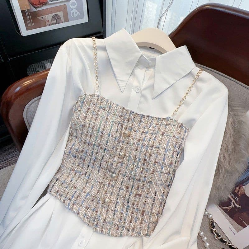 Chanel-style check print cami top, new spring/summer design, unique white shirt top, single piece shirt