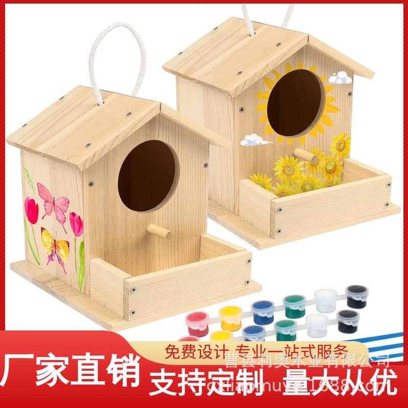 Wooden Birdhouse Supports Wholesale Children's Painting and Assembly Birdhouse Wooden Bird House Cross-Border Supply Bird Cage