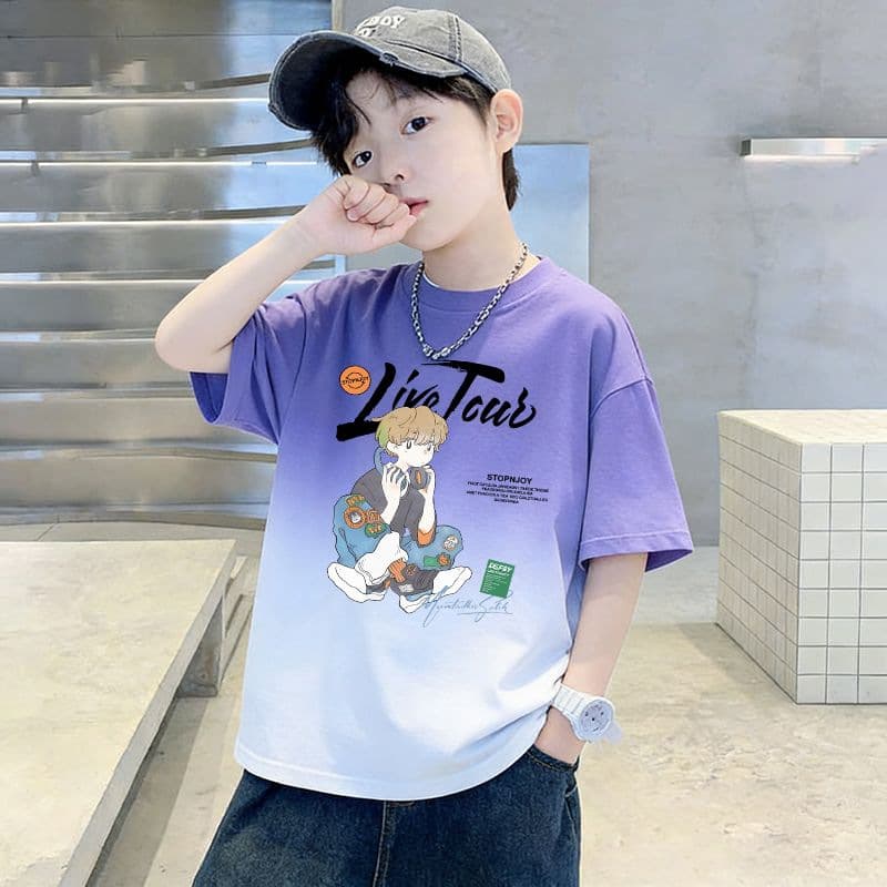 Boys' Short Sleeve T-Shirt New Style for Students Summer Cotton Kids' Trendy Gradient Top
