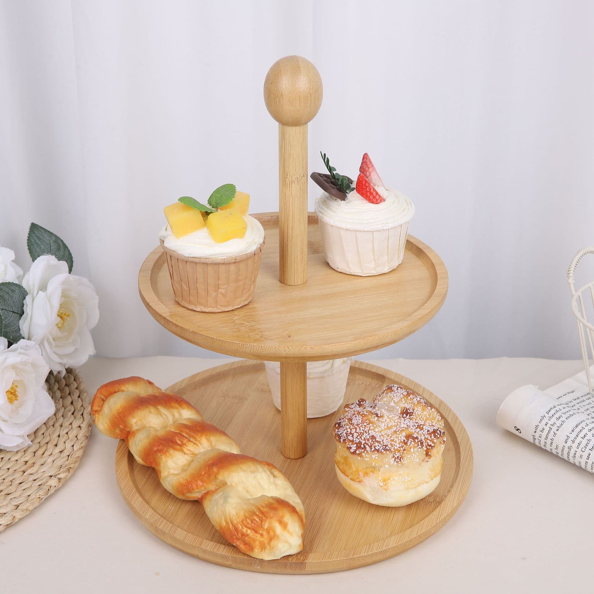 Bamboo Wood Round Square Multi-Tier Cake Stand Dessert Stand Storage Fruit Rack for Home and Hotel