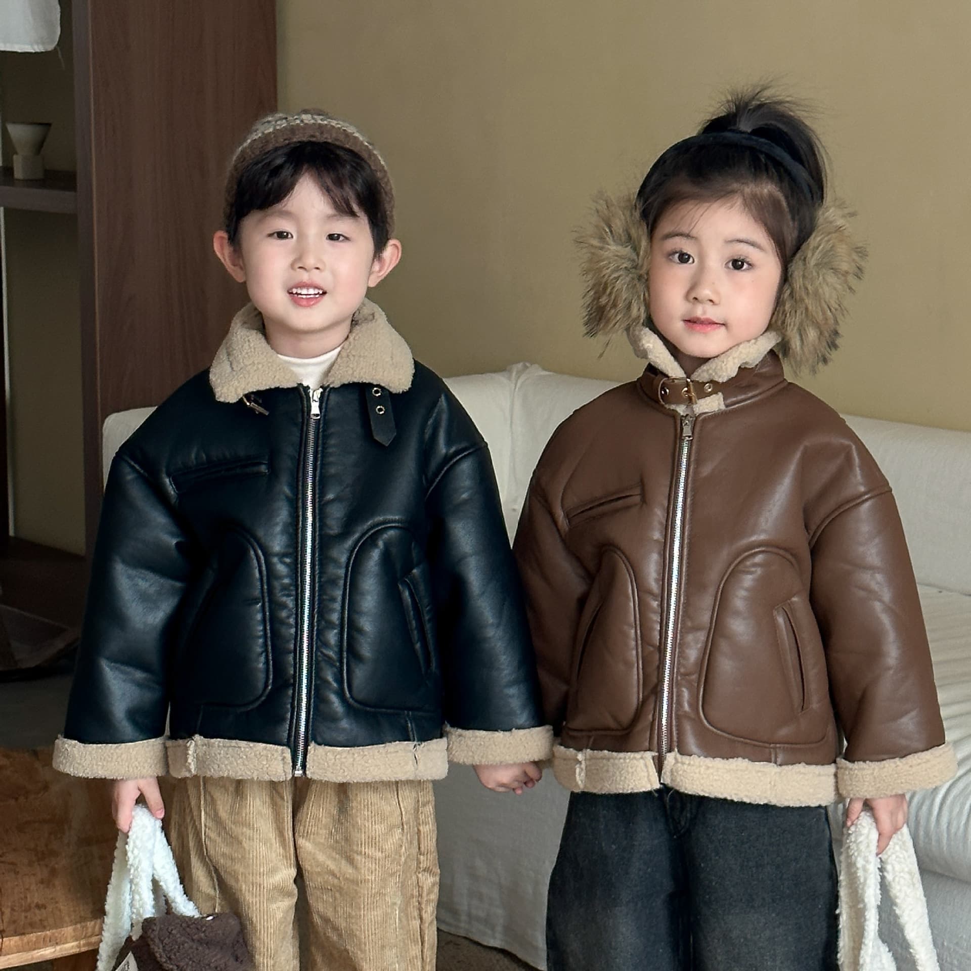 Children's Sherpa Lined Cotton Coat, Fur-Integrated for Boys and Girls 2025 New Winter Baby Fleece-Lined Garment