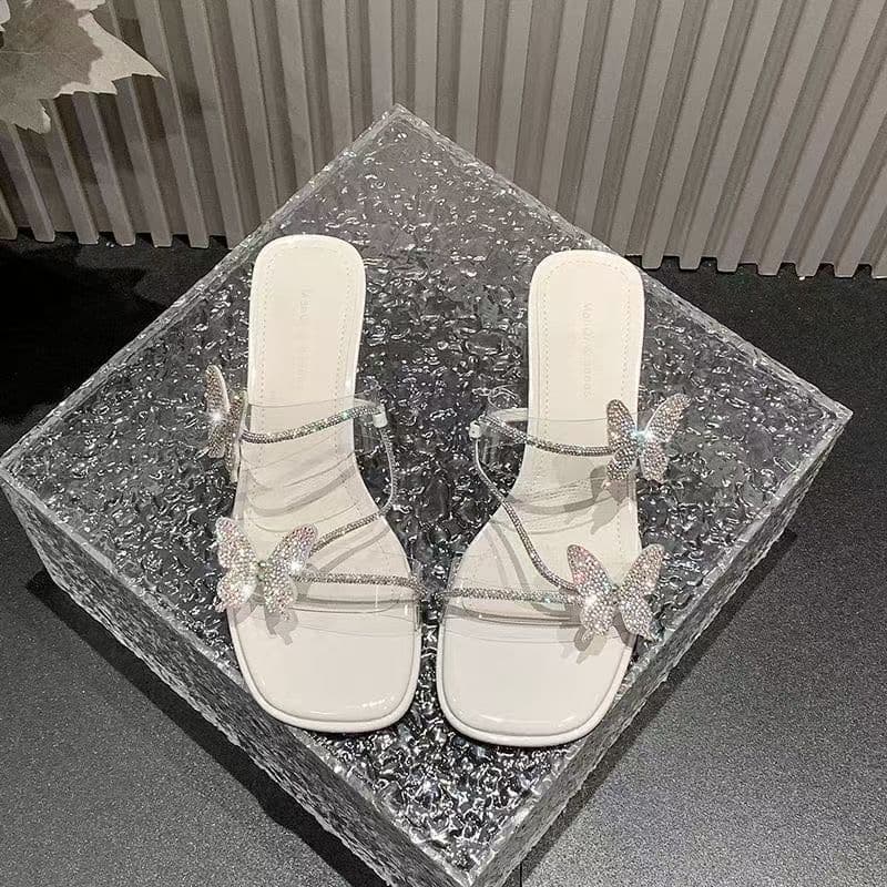 Bow-embellished open-toe slippers for women 2025 summer new style, elegant high-heel transparent rhinestone fairy sandals to pair with dresses