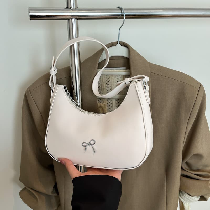 New fashion solid color bag, texture 2025 casual bow dumpling bag, shoulder underarm bag, crescent bag black