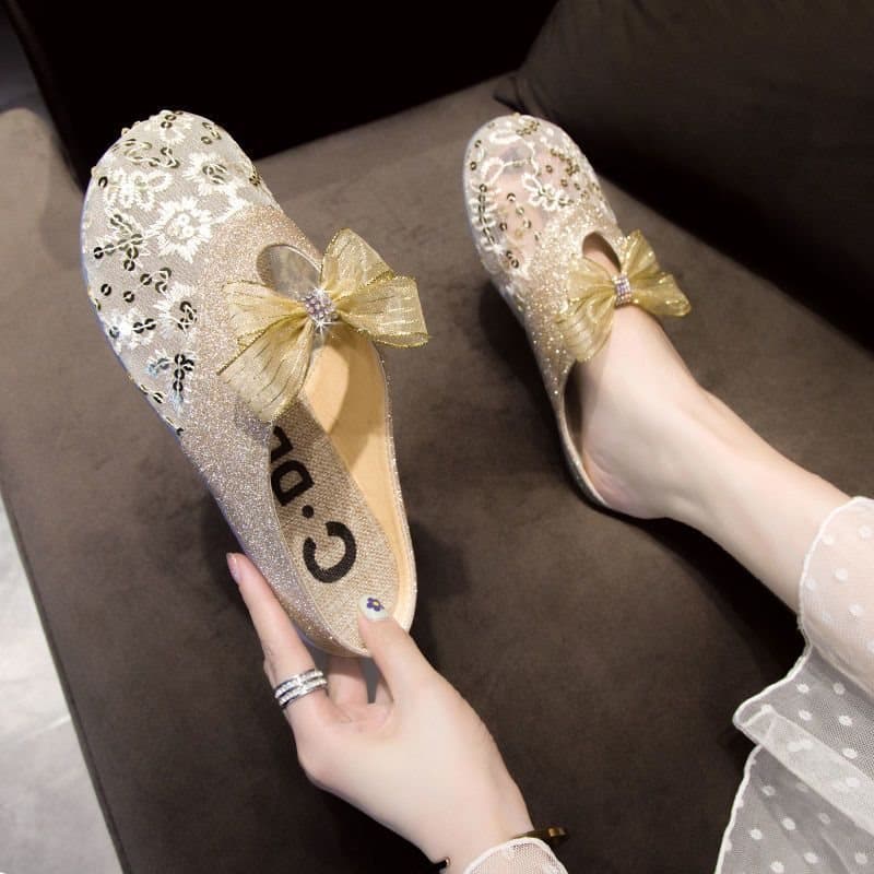 Baotou Half Slippers Women 2024 Summer New Style Ins Fashion Outer Wear Hollow Mesh Lace Flat Lazy Trendy Sandals
