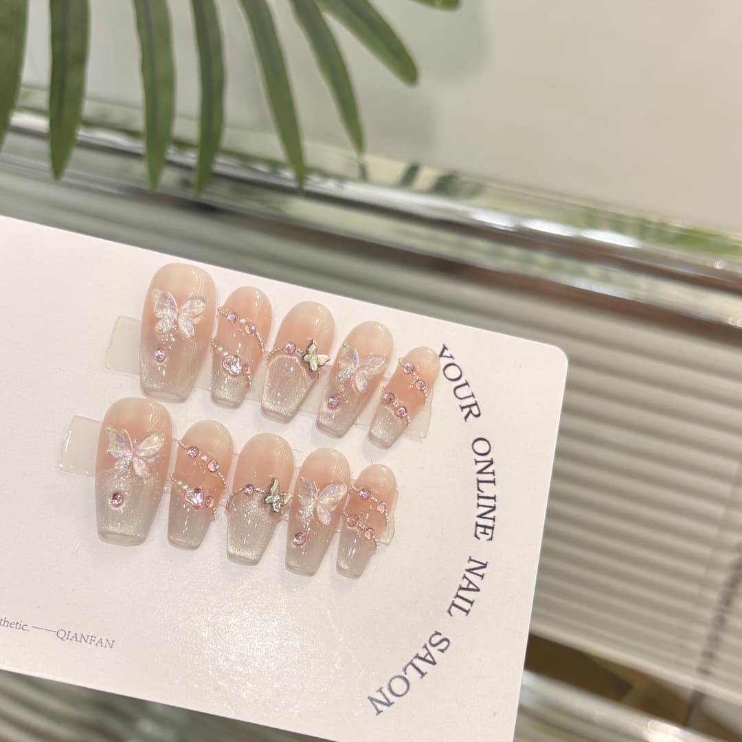 Premium Luxury Rhinestone Butterfly Handmade Wearable Nails Cat Eye Elegant Whitening Nail Tips Removable Fake Nails