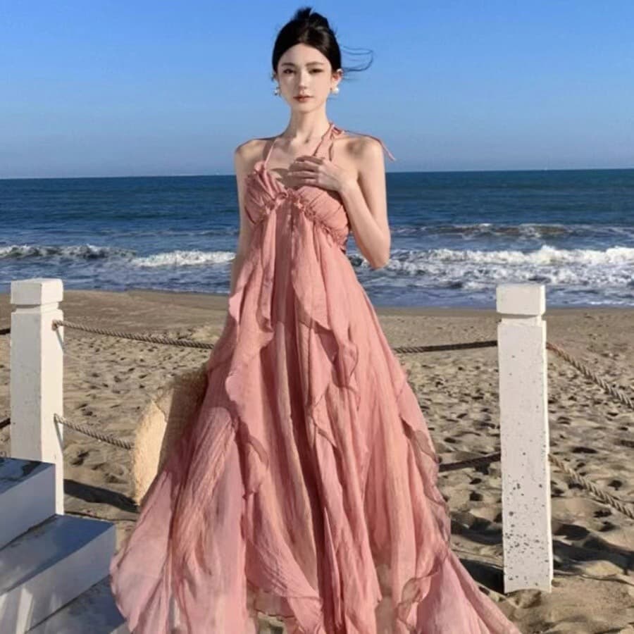 Beach photo skirt, ruffled halterneck suspender dress, pink fairy skirt, super fairy and sweet holiday beach skirt