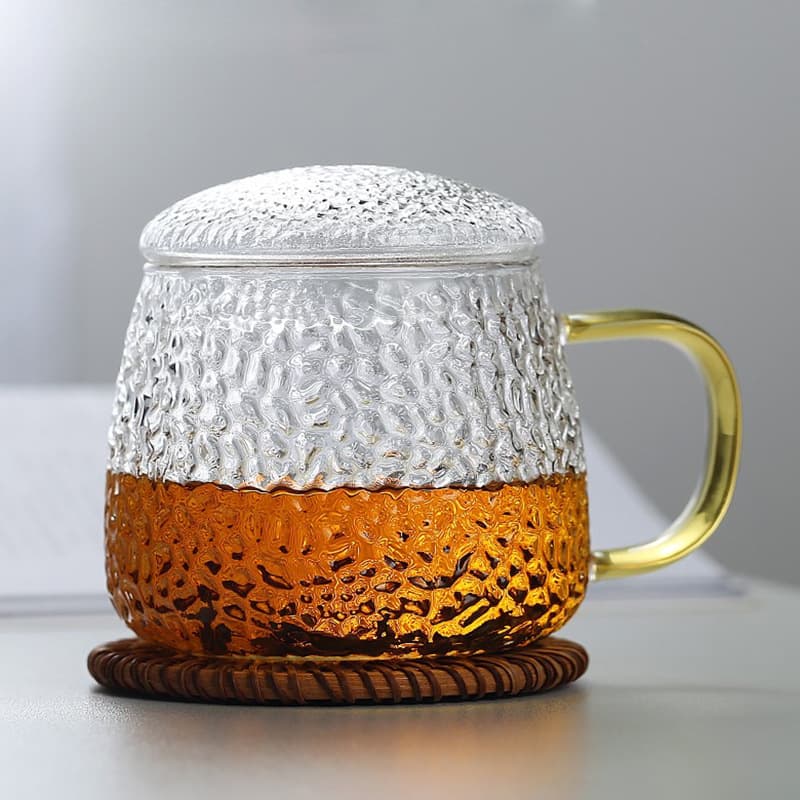 Japanese Hammered Glass Flower Tea Cup with Tea Infuser, Lid, Office Cup for Green Tea, Filtering Water, Tea Brewing Cup