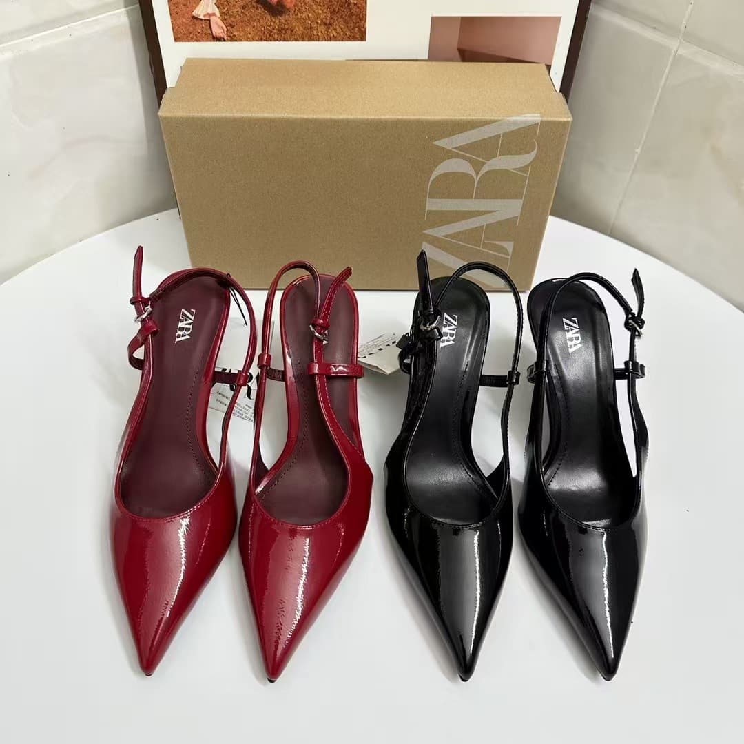 ZA Spring 2025 New Pointed Toe Red Patent Leather Fashion Versatile European and American Style Closed Toe High Thin Heel Open Back Sandals for Women