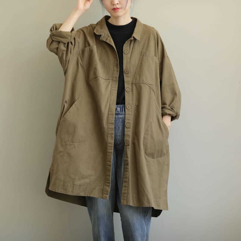 Trench Coat for Women, Autumn/Winter New Style Large Size Women's Mid-Length Artistic Loose Single-Breasted Casual Long Sleeve Top