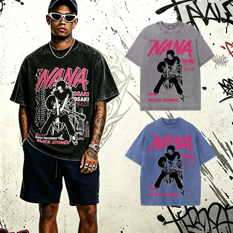 Retro vintage rap character print distressed 300g short-sleeved T-shirt for men and women hip-hop trendy half-sleeved bottoming