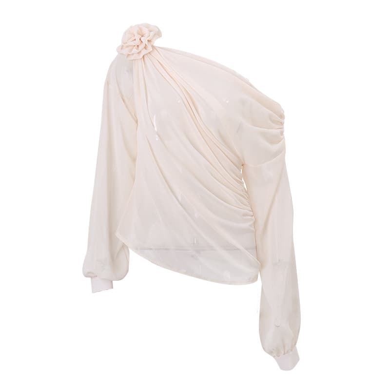 European and American Style Women's Fashion American Street Trendy Sexy Mesh Off-Shoulder Chiffon Floral Decor Long Sleeve T-Shirt Top