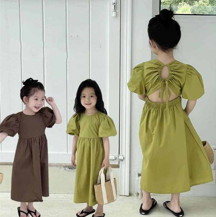 2026 Summer New Children's Puff Sleeve Backless Dress in Brown and Green, Super Fairy Outing Must-Have