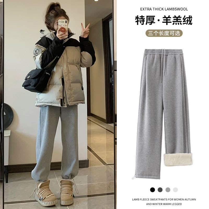 Lambskin narrow wide-leg pants for women in winter plus velvet and thickened cotton pants for small people sports straight pants for women in autumn and winter