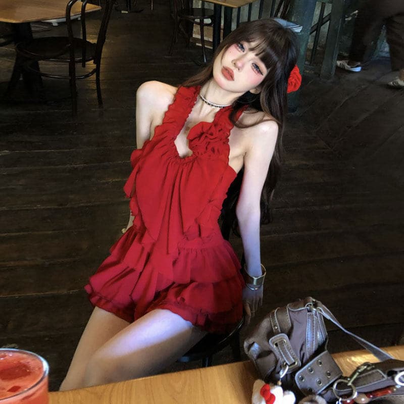 3D Floral Ruffle Halter Vest Women's Summer Unique Stunning Set Pure Red Skirt Two-Piece Set