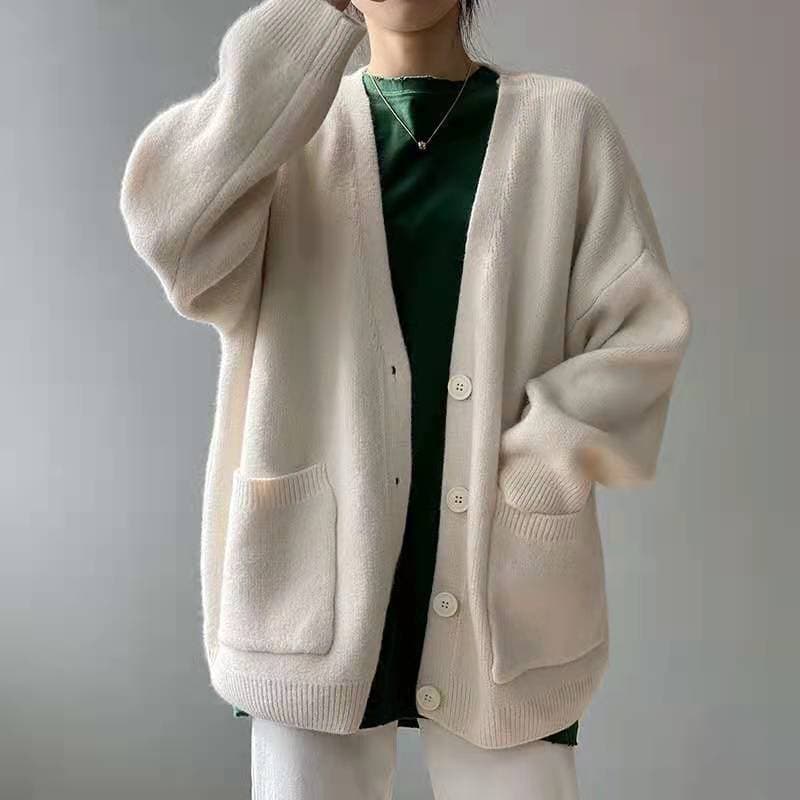 Korean Style New Sweater Jacket for Women 2025 Spring & Fall Internet Celebrity Loose Foreign Style Lazy Style Pure Color Knitted Cardigan Autumn and Winter