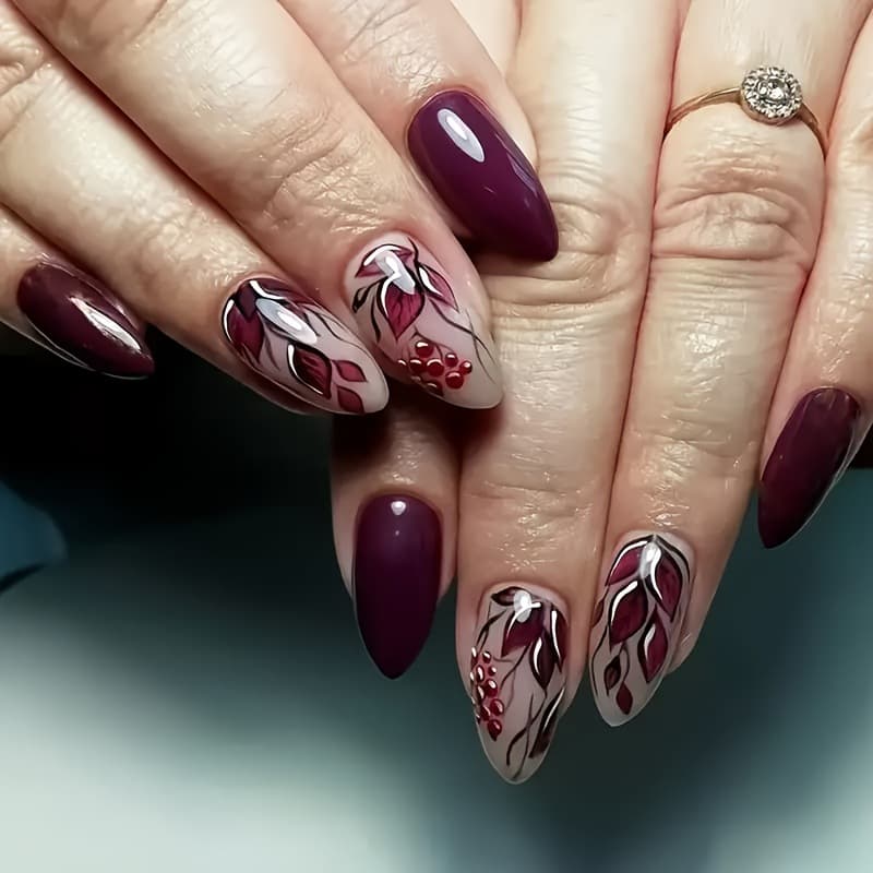 Elegant Wine Red Almond Shaped Nail Stickers Removable False Nails Manicure Nail Wearable Artificial Nails for Ladies