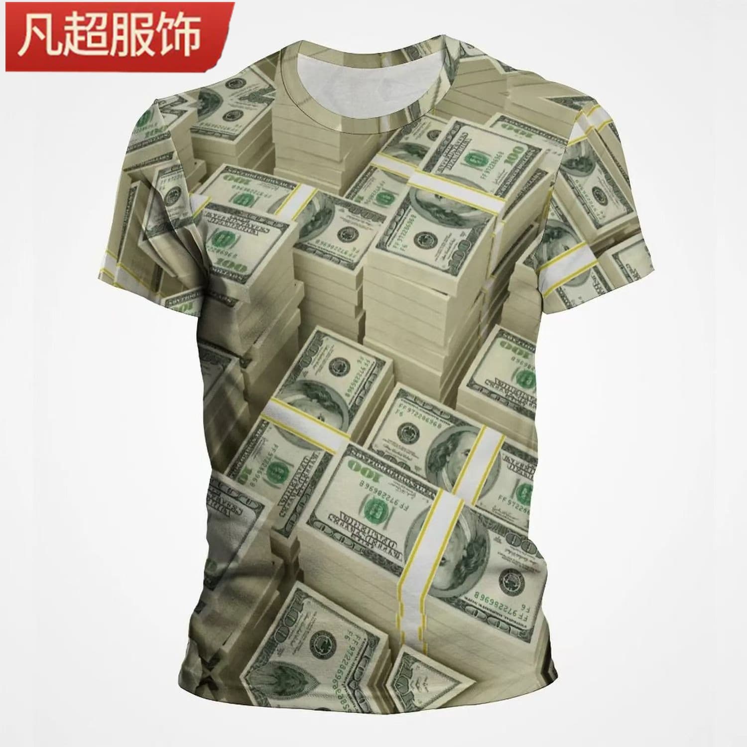 Cross-Border Hot-Selling Men's T-Shirt with 3D Printed Dollar Bill Pattern, Fashionable and Trendy Printed Short-Sleeve, Direct Supply from the Manufacturer